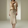 Silk Midi Skirt Bias-Cut 32Momme Double-Faced 100% Silk Charmeuse Side Slit Hem Waistband