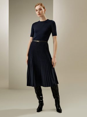 Merino Wool Knit Skirt for Women Elastic Warm Solid Pleated A-line Skirts for Ladies Winter Fall Work Casual