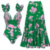 Blue and White V Neck Lace Up Strip Plant Prints One Piece Swimsuit and Skirt/Sarong