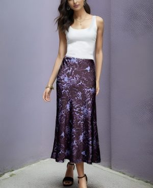 Womens Leopard Print Skirt Midi Long Length Silk Satin High Waist Elastic Skirts