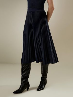Merino Wool Knit Skirt for Women Elastic Warm Solid Pleated A-line Skirts for Ladies Winter Fall Work Casual